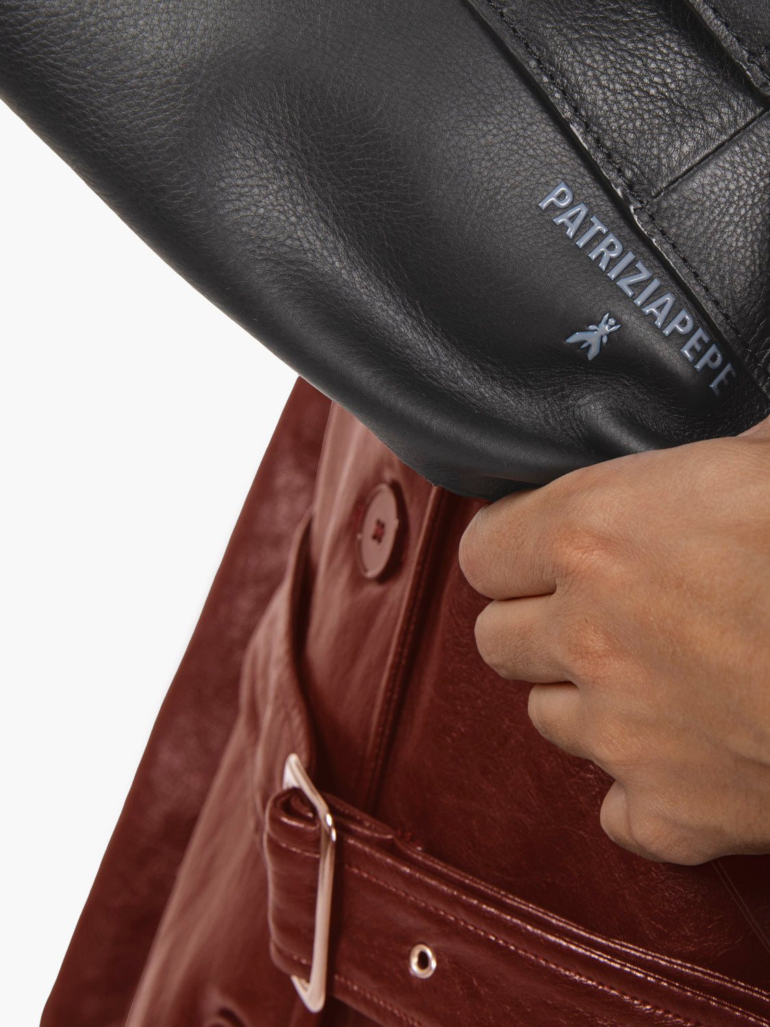 Leather bag with double flap and black chain