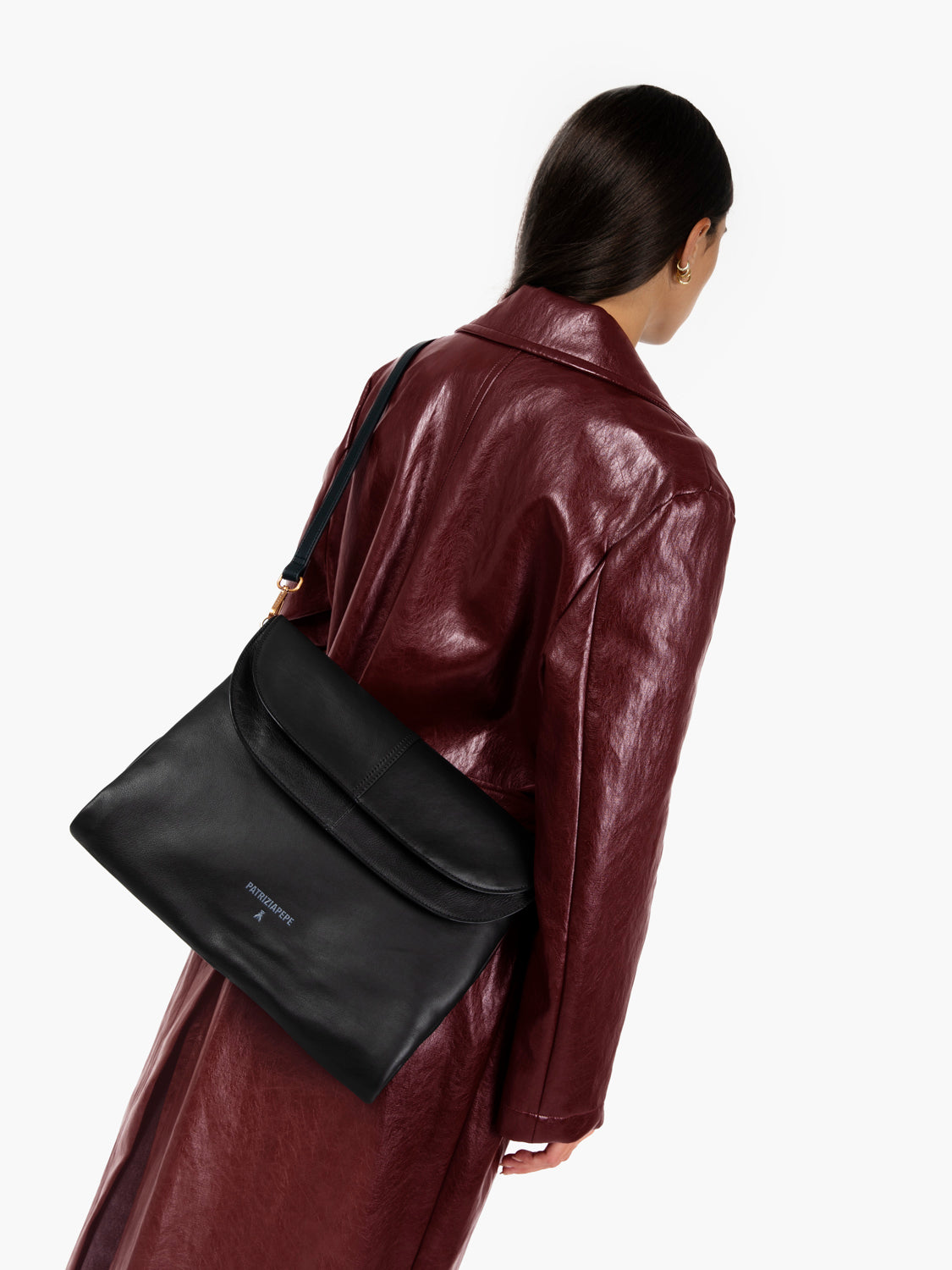 Leather bag with double flap and black chain