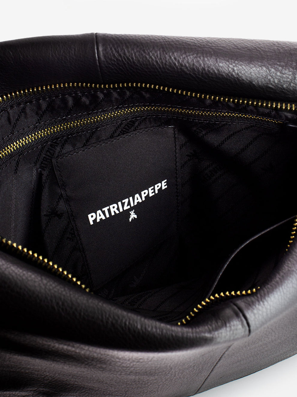 Leather bag with double flap and black chain