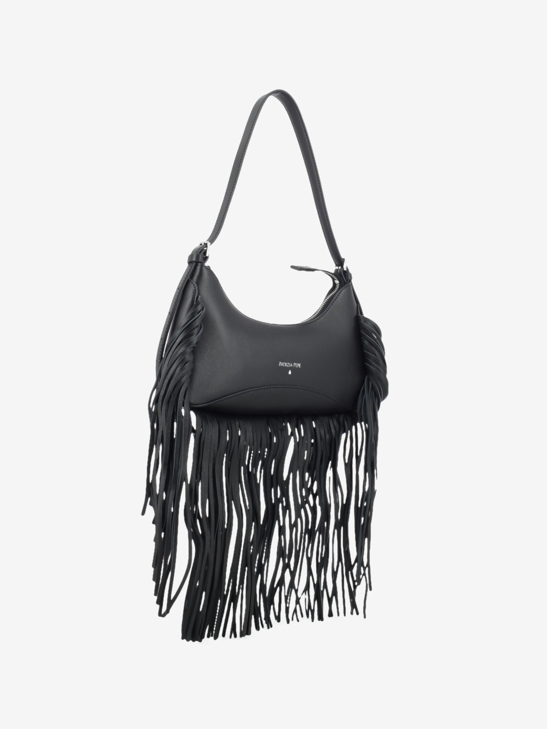 Black leather fringe bag