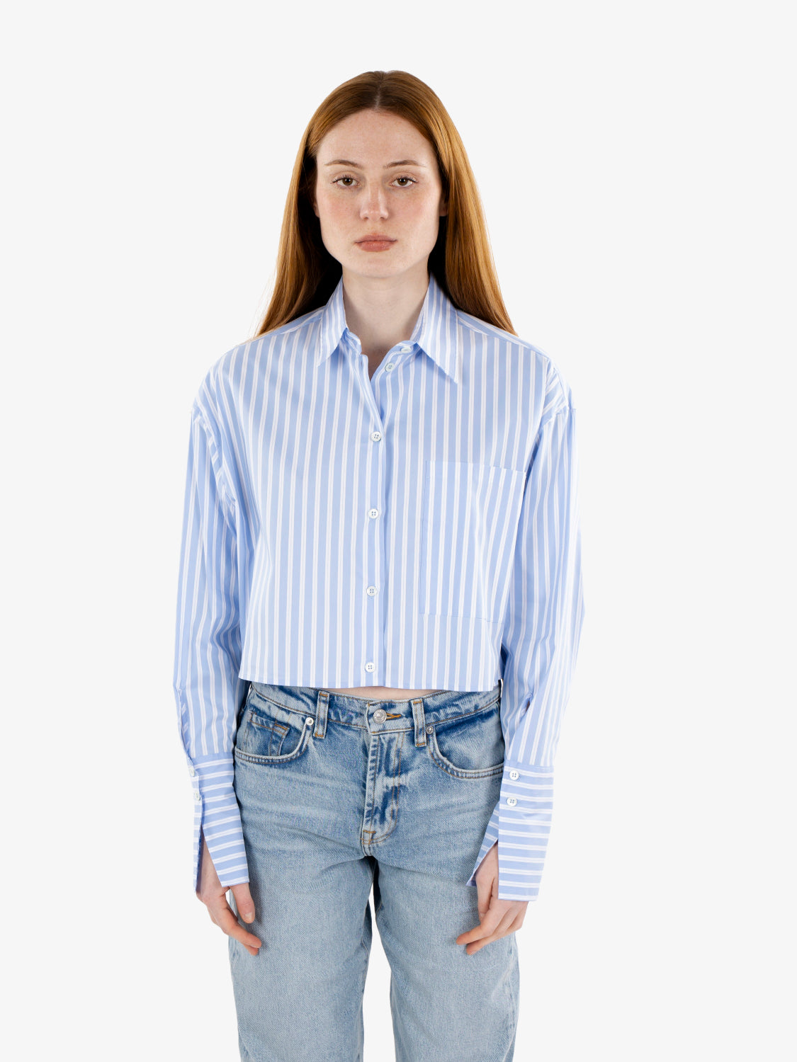 Camicia cropped in popeline a righe azzurra