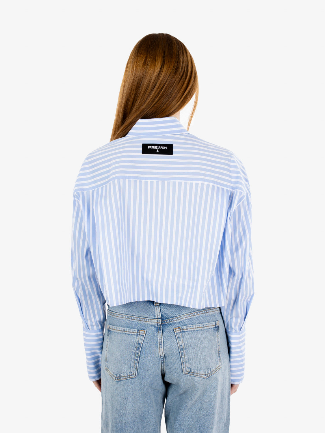 Camicia cropped in popeline a righe azzurra