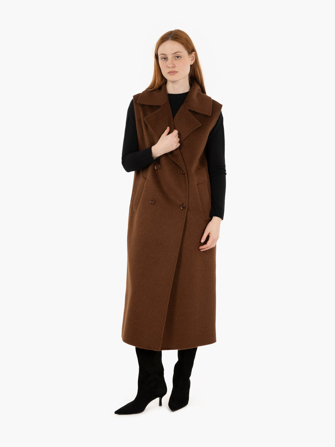 Cappotto smanicato in lana e alpaca brown