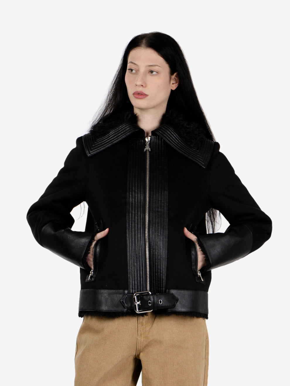 Black fluffy-detail biker jacket