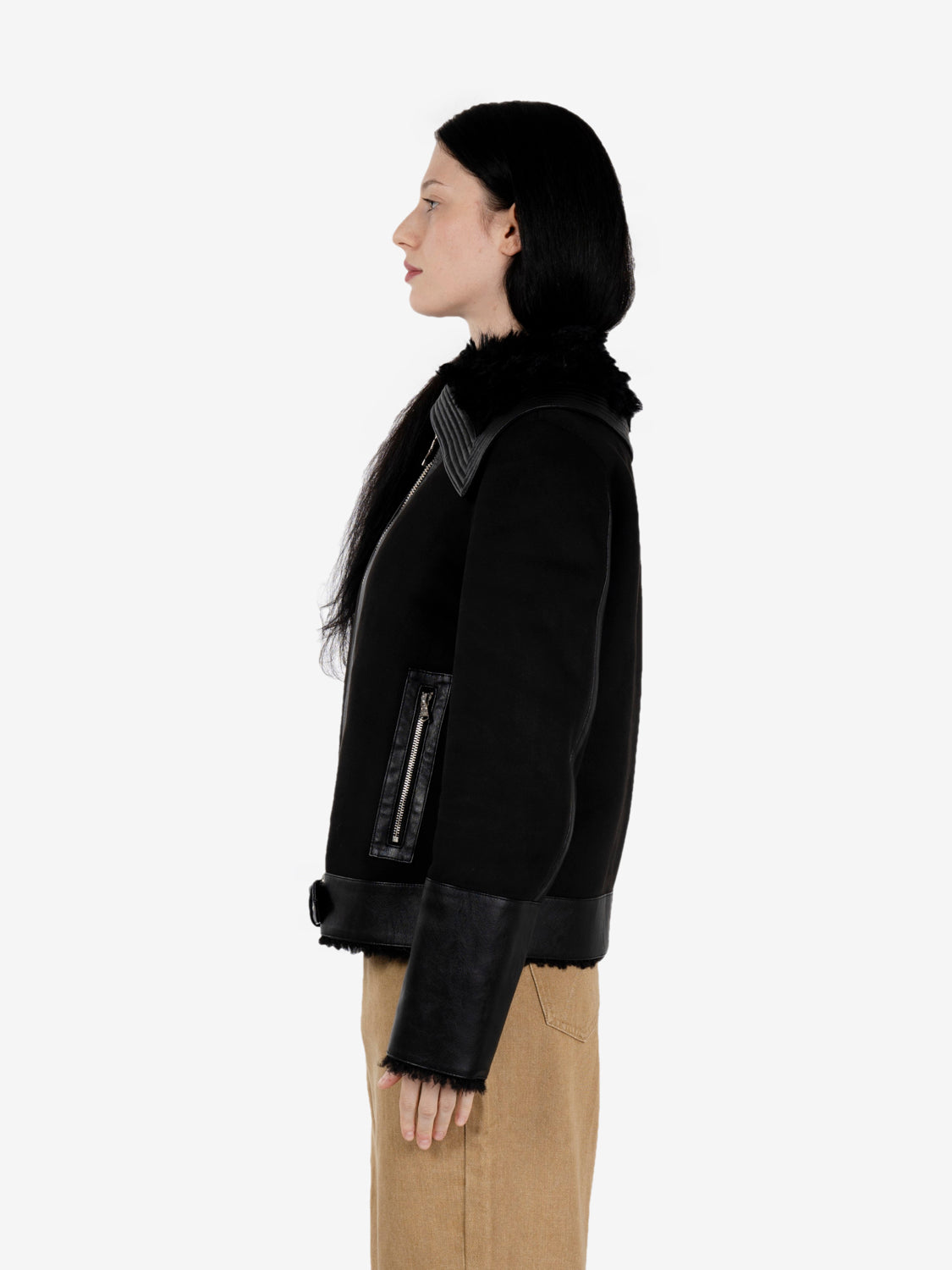 Black fluffy-detail biker jacket