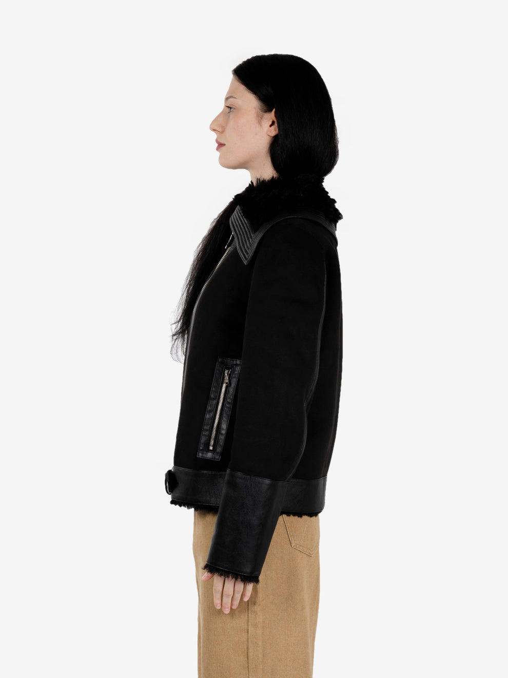 Black fluffy-detail biker jacket