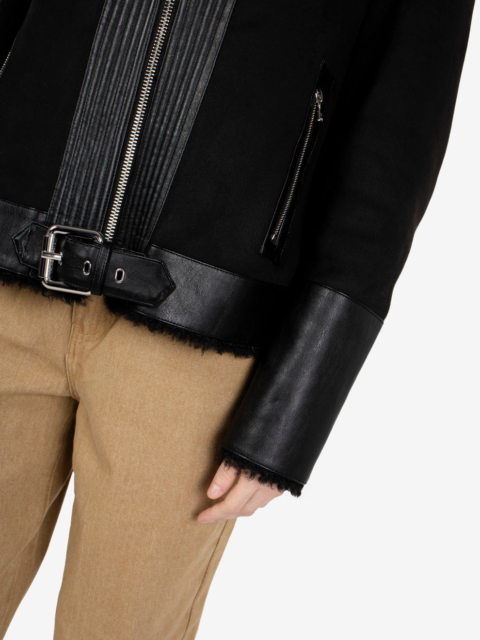 Black fluffy-detail biker jacket