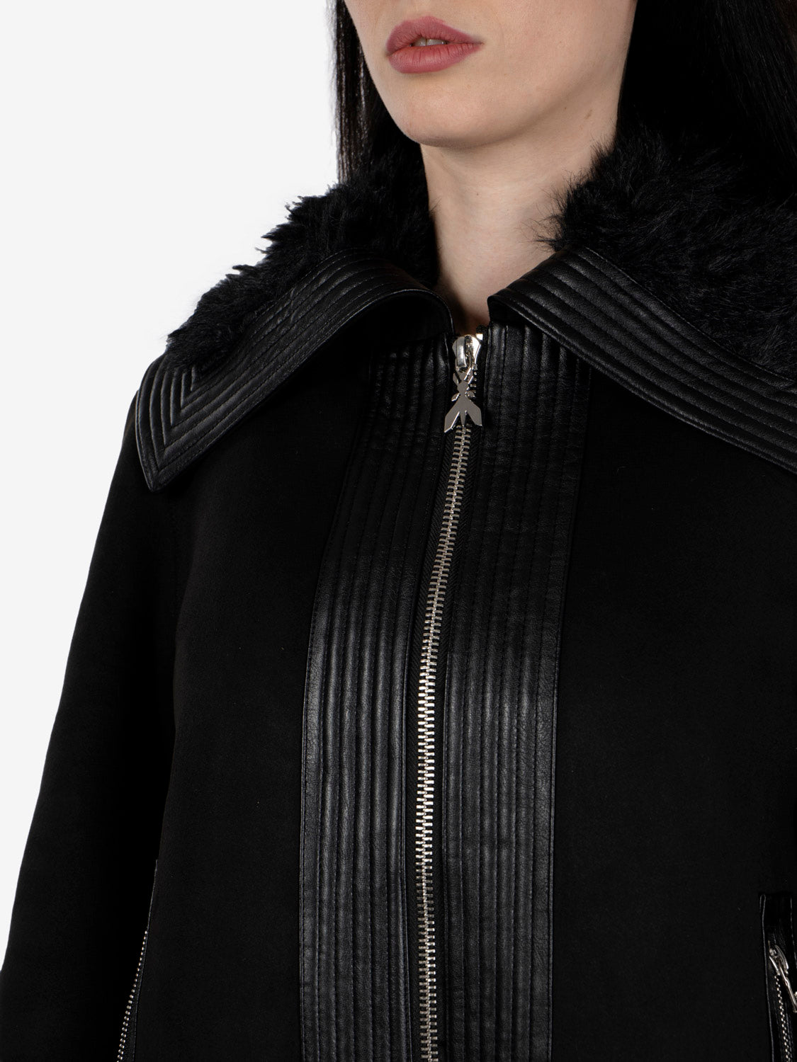 Black fluffy-detail biker jacket