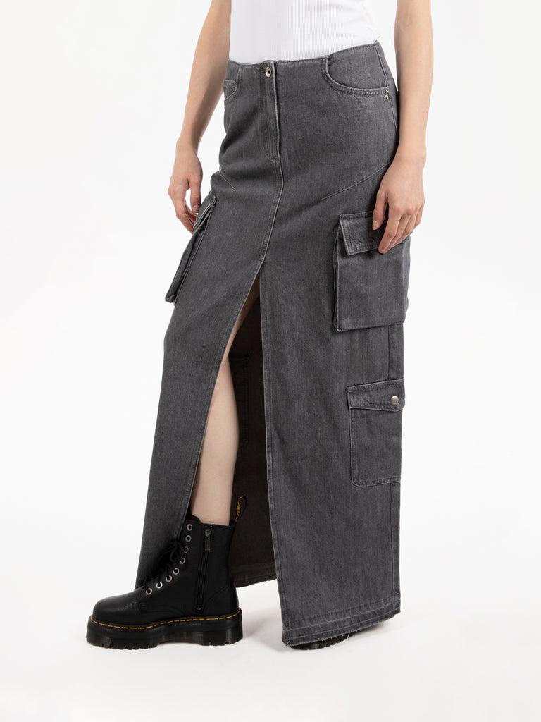 PATRIZIA PEPE - Gonna lunga cargo gray denim