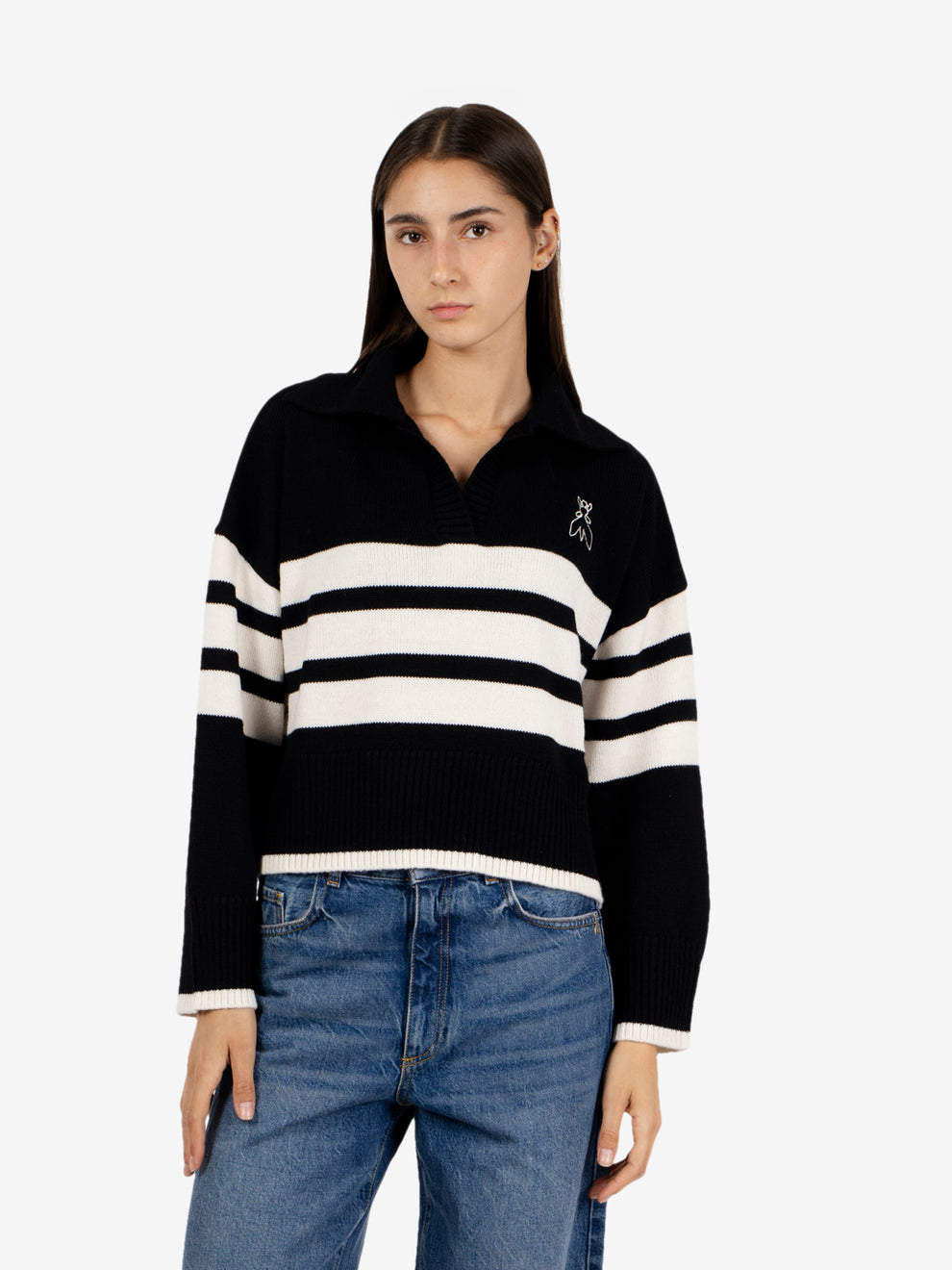 Black / white striped polo sweater