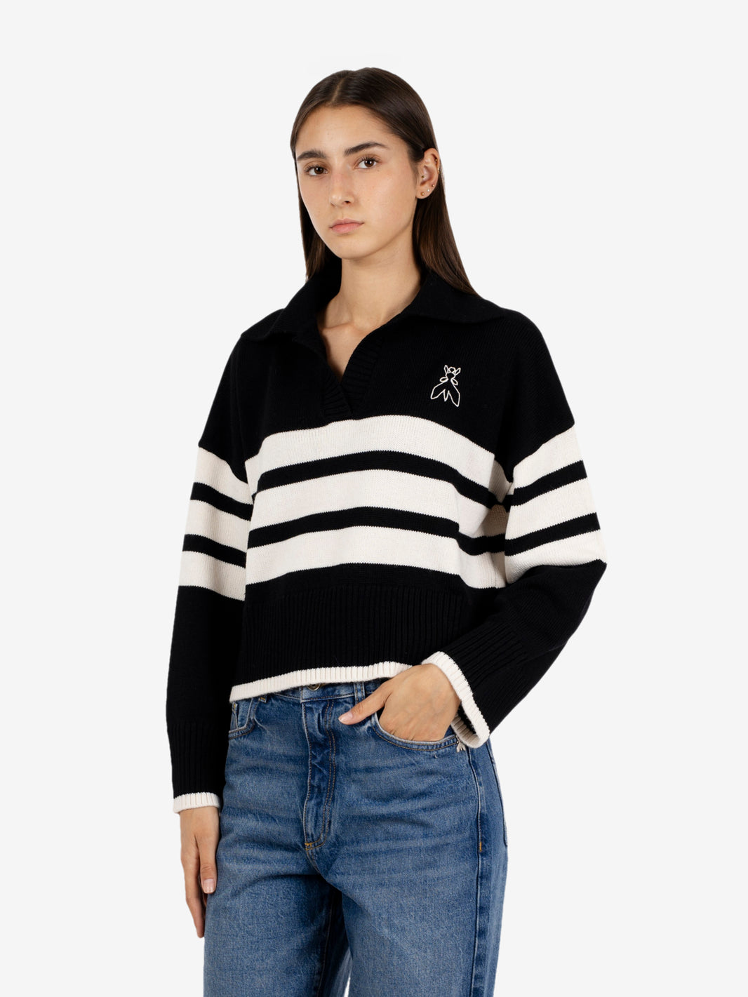 Black / white striped polo sweater