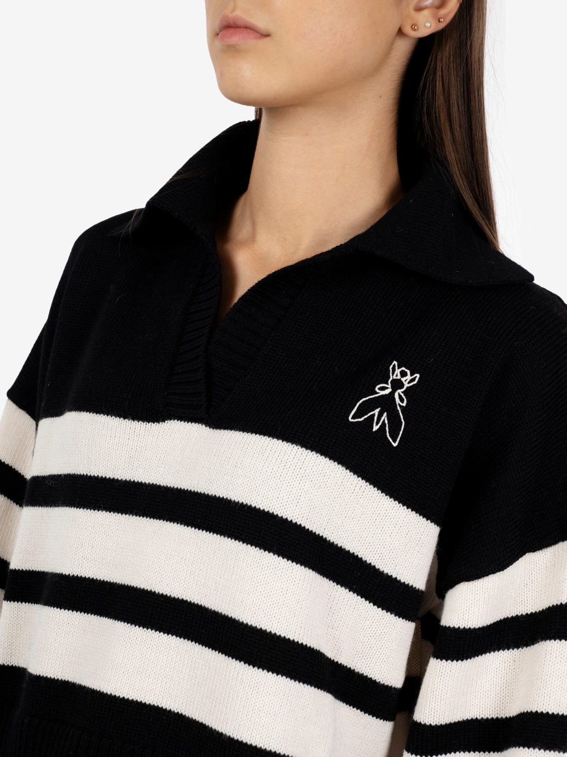 Black / white striped polo sweater