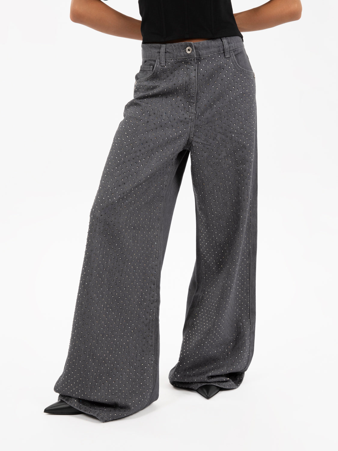 Gray denim rhinestone pants