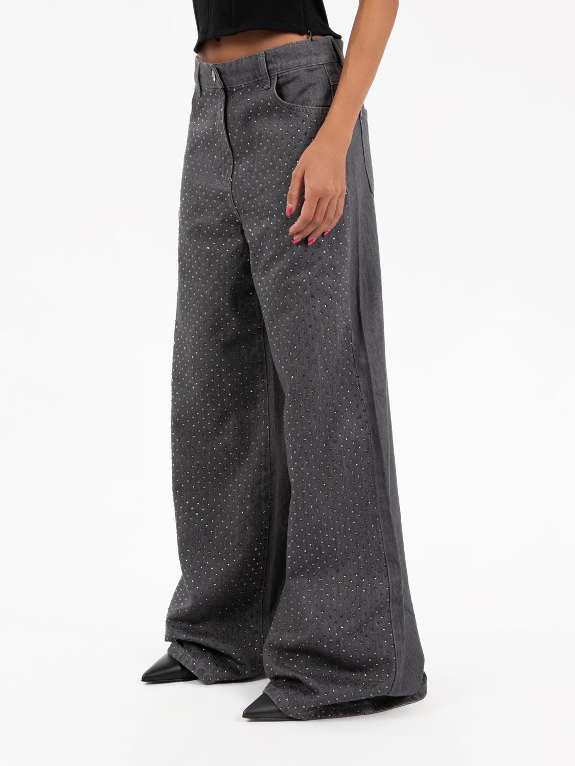 Gray denim rhinestone pants