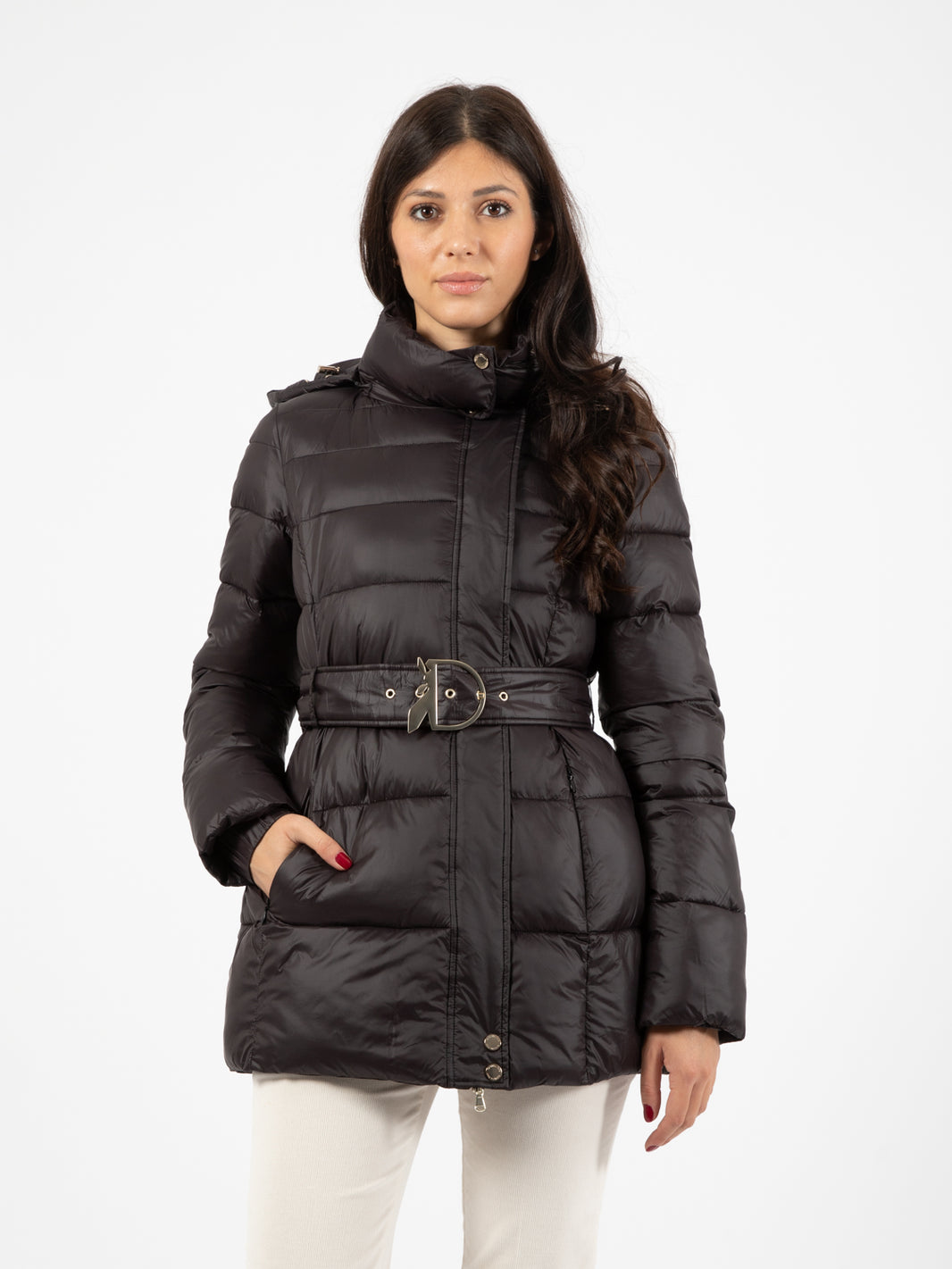 Black down jacket with hood and belt