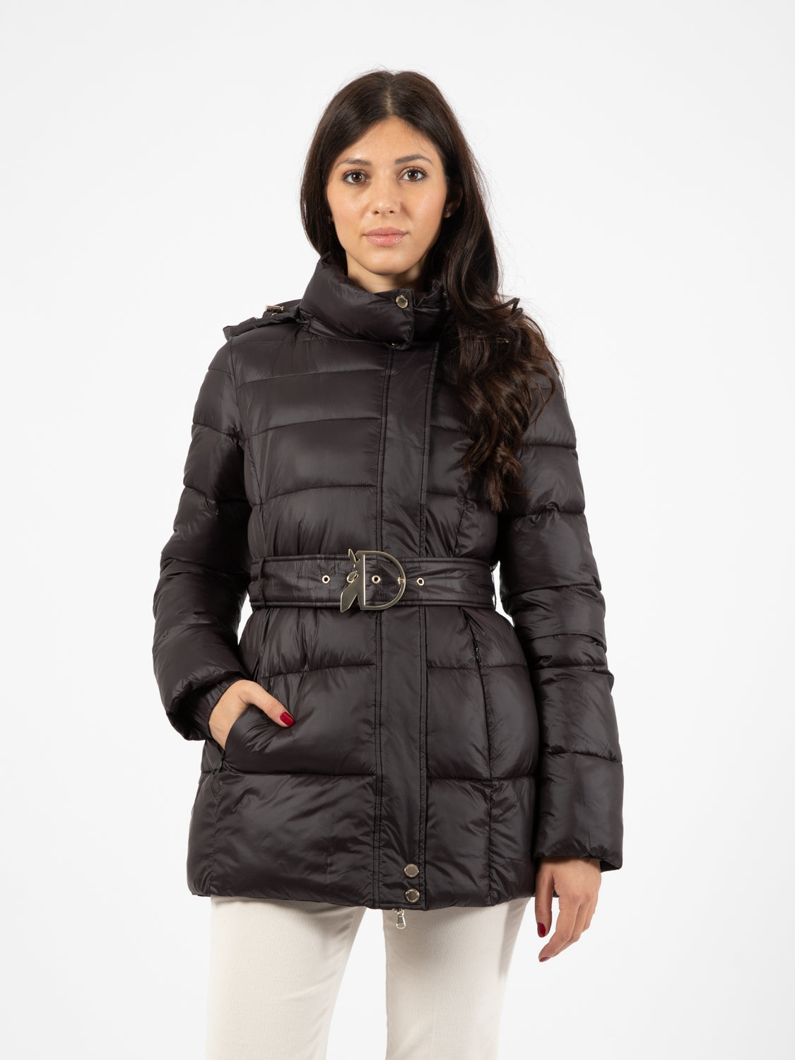 Black down jacket with hood and belt