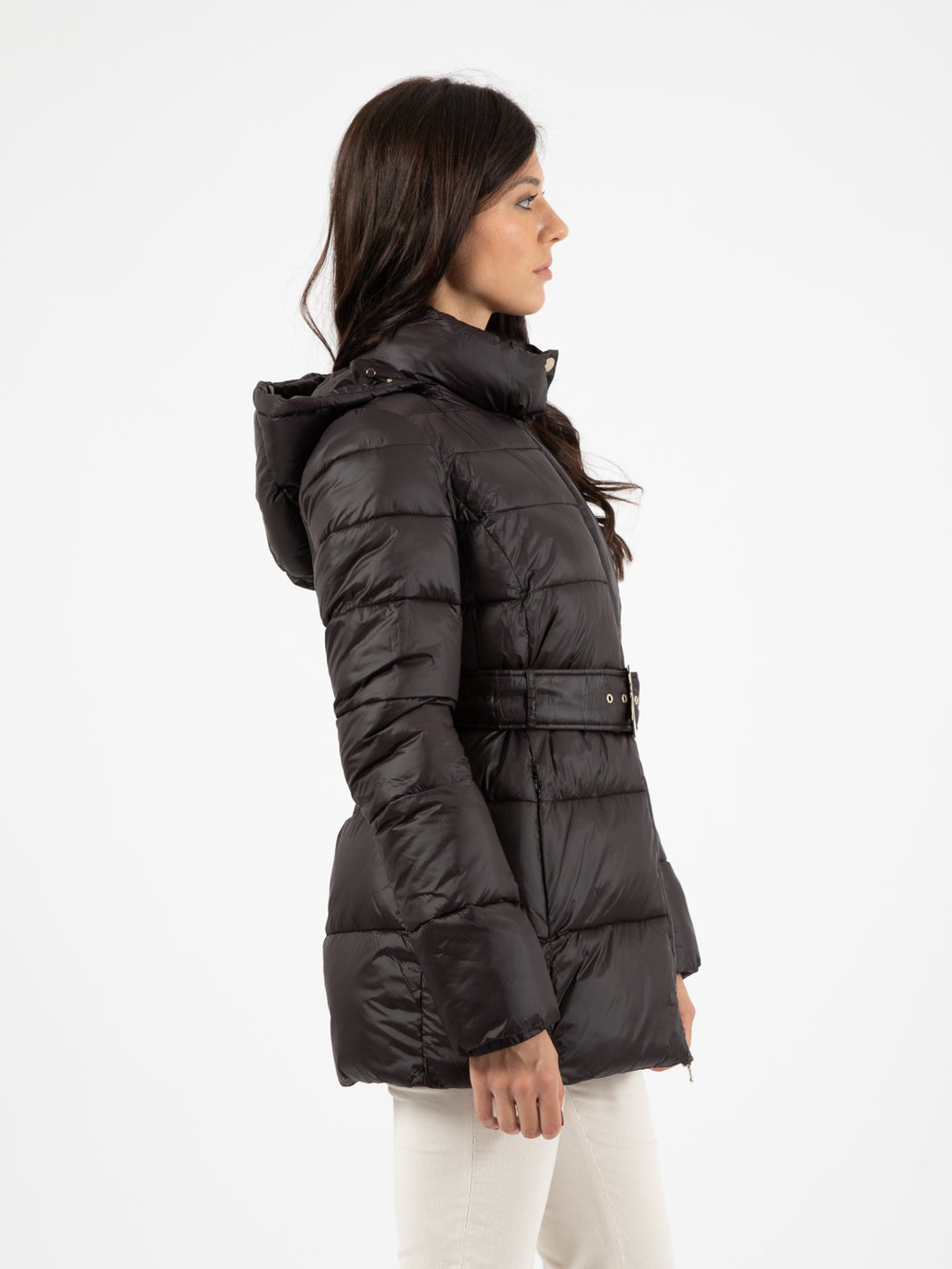 Black down jacket with hood and belt