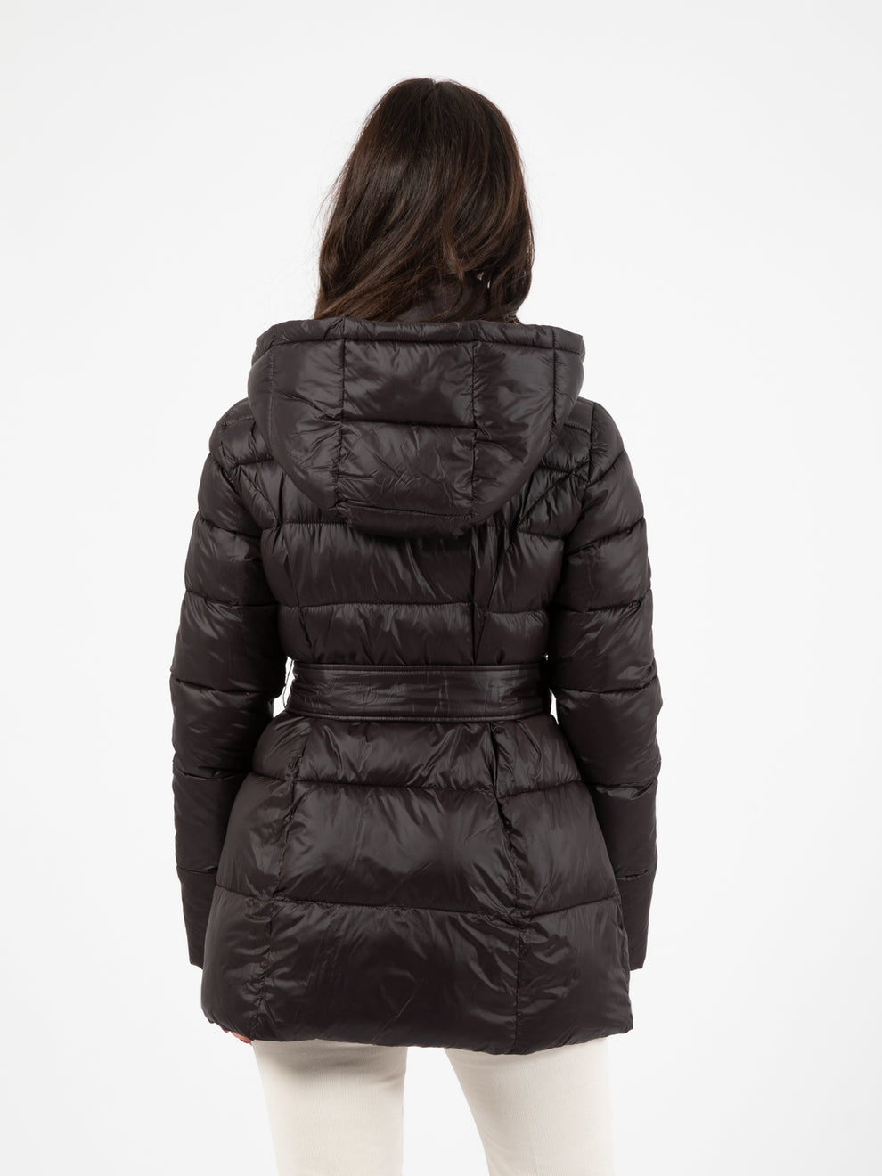 Black down jacket with hood and belt