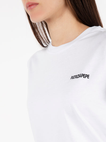 T-shirt logo lettering bianco ottico