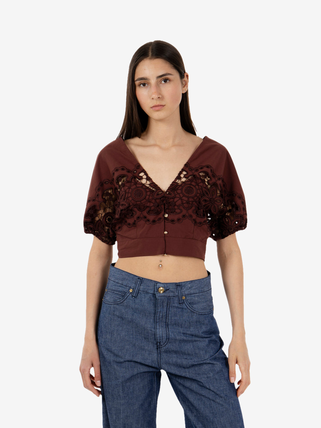 Brown embroidered crop top