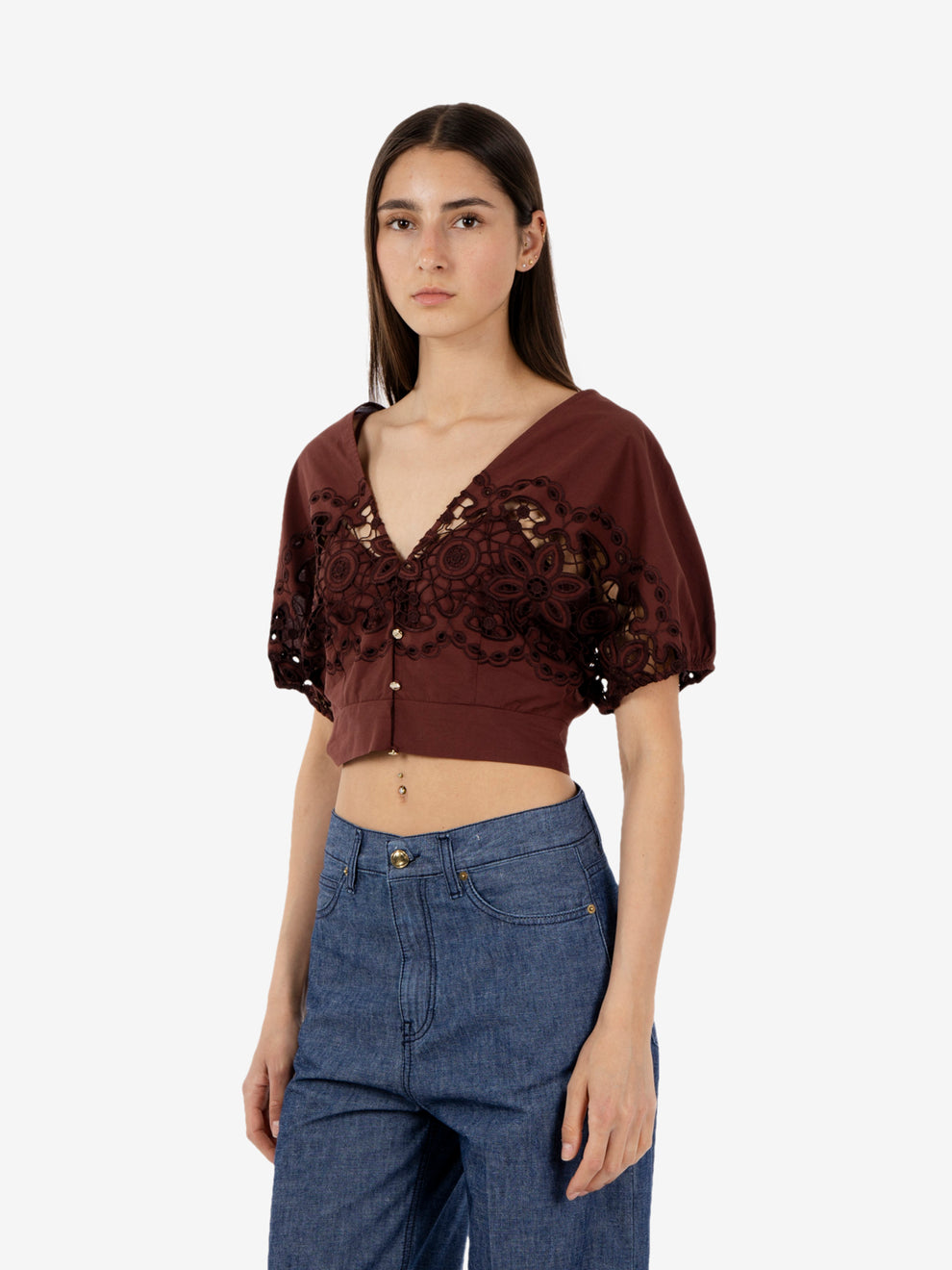 Brown embroidered crop top