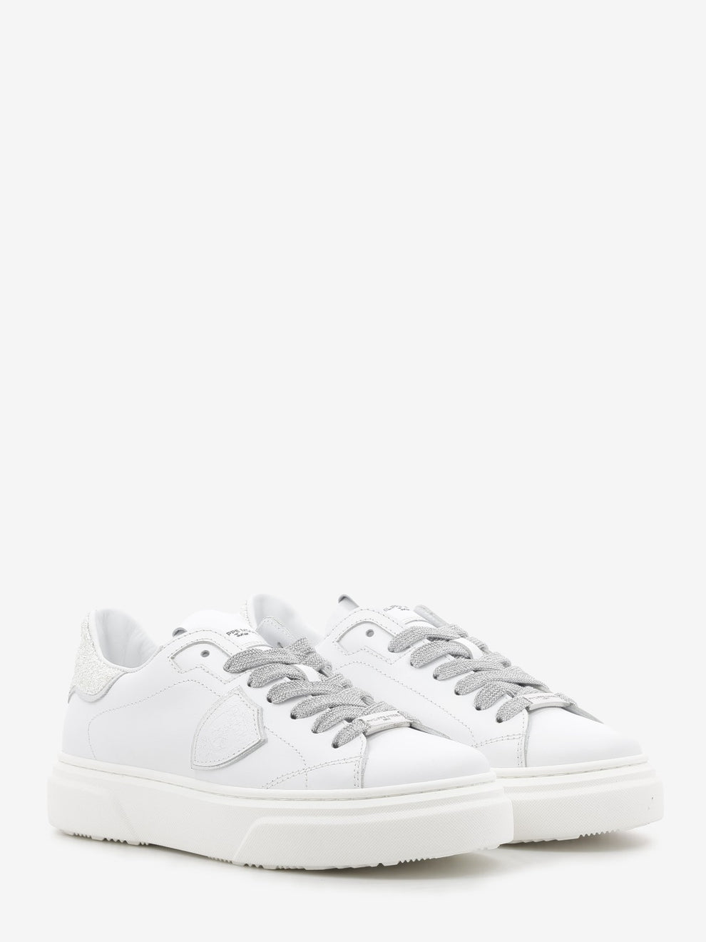 Temple leather sneakers with glitter heel tab white/silver