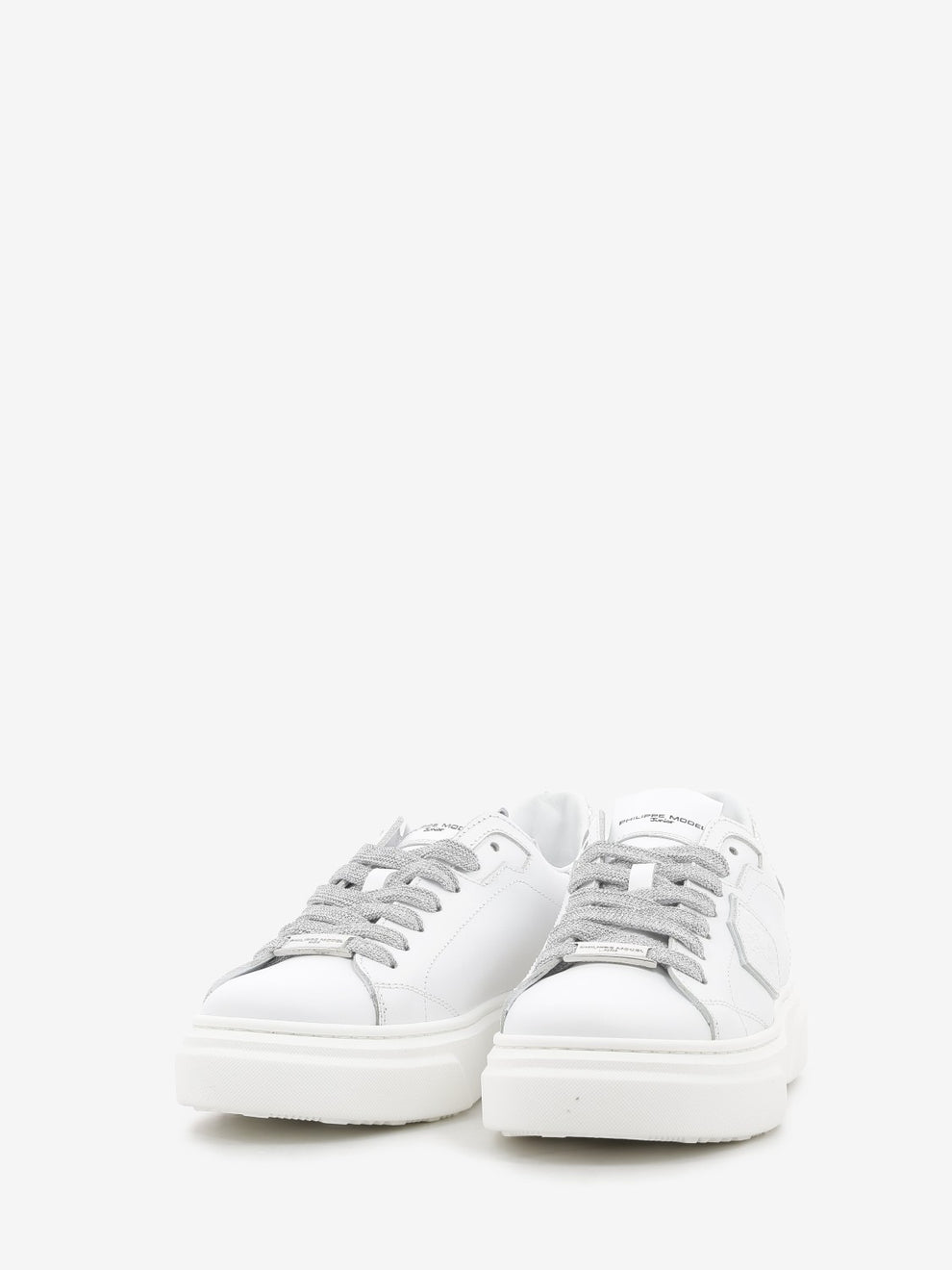 Temple leather sneakers with glitter heel tab white/silver