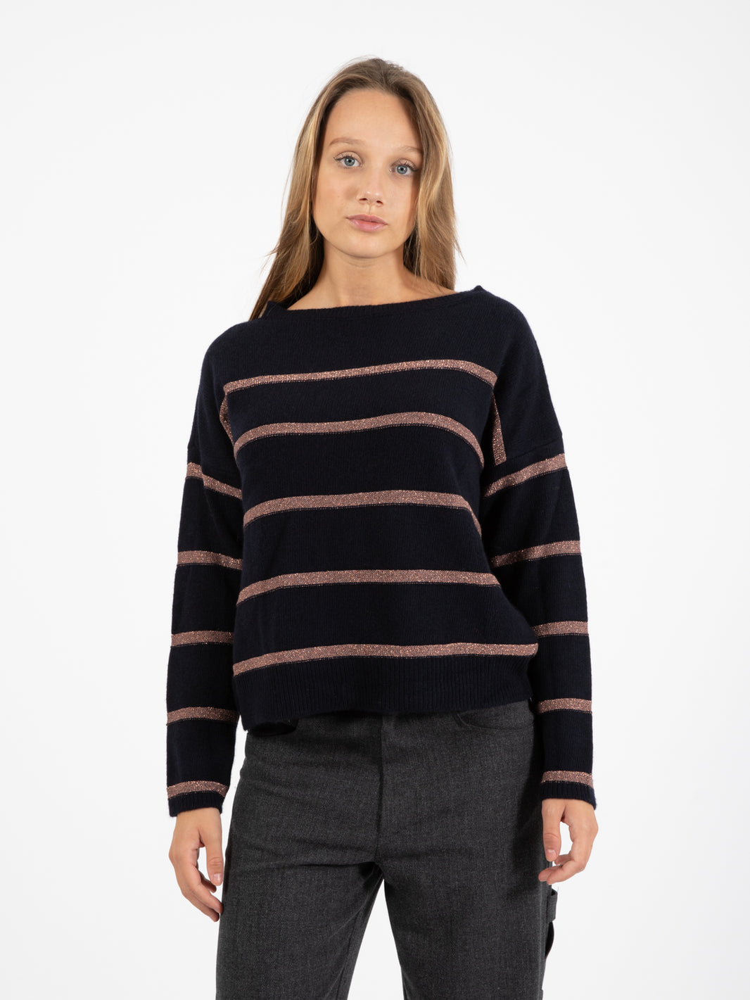 Maglione con righe lamè navy
