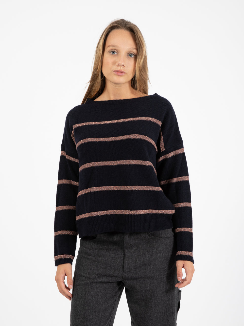 Maglione con righe lamè navy