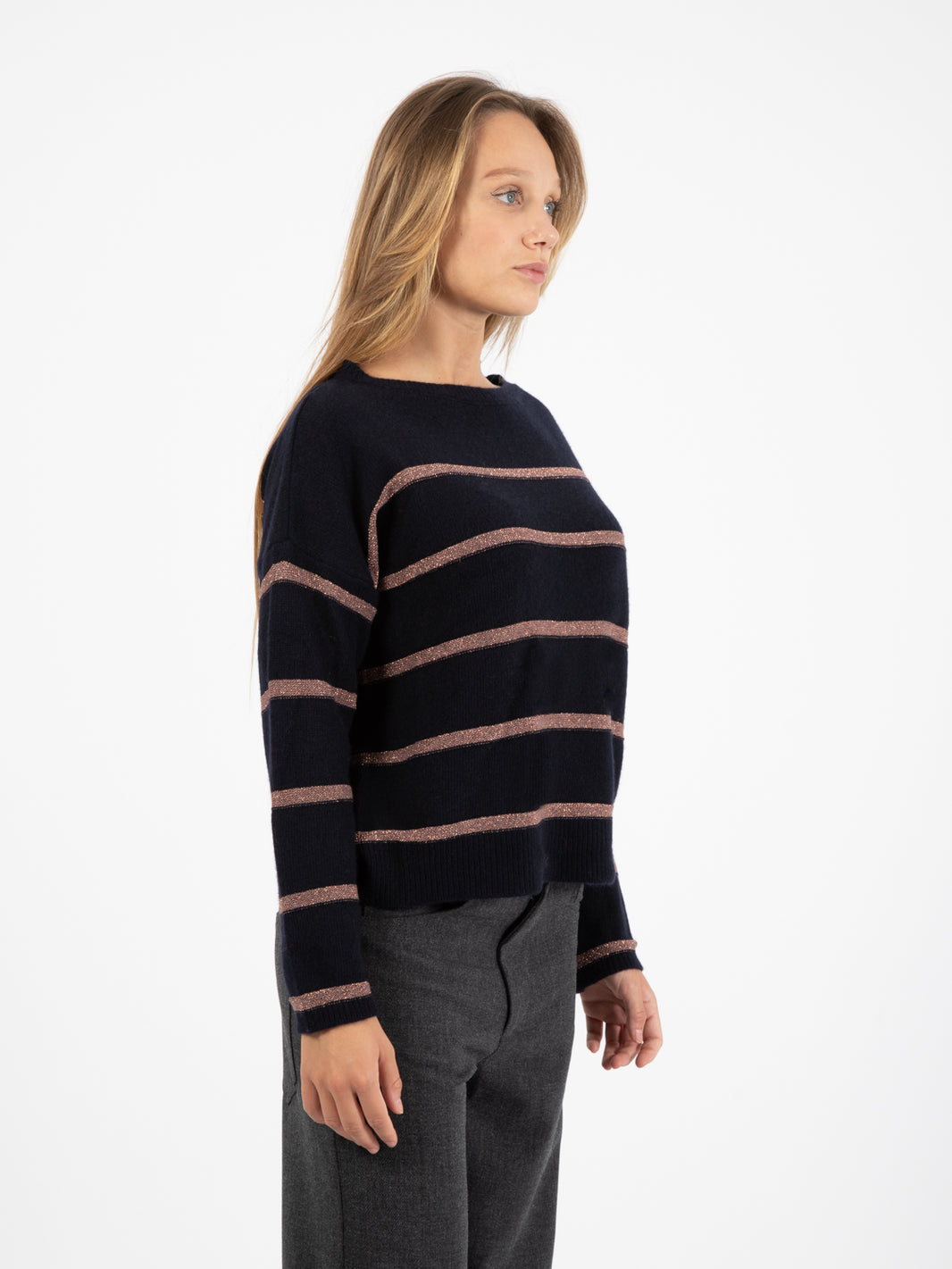 Maglione con righe lamè navy
