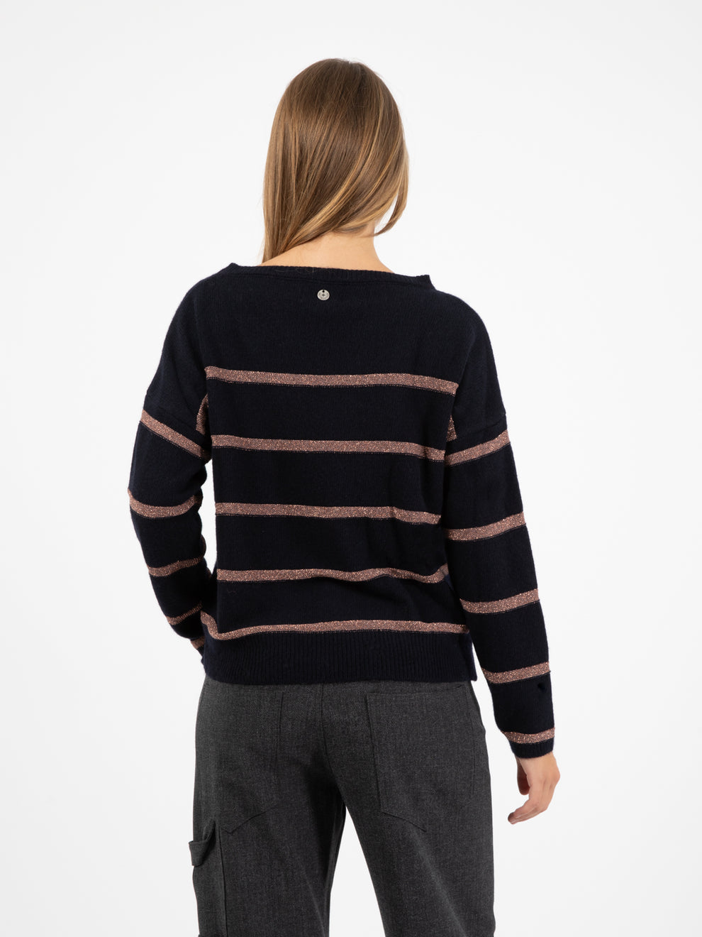 Maglione con righe lamè navy