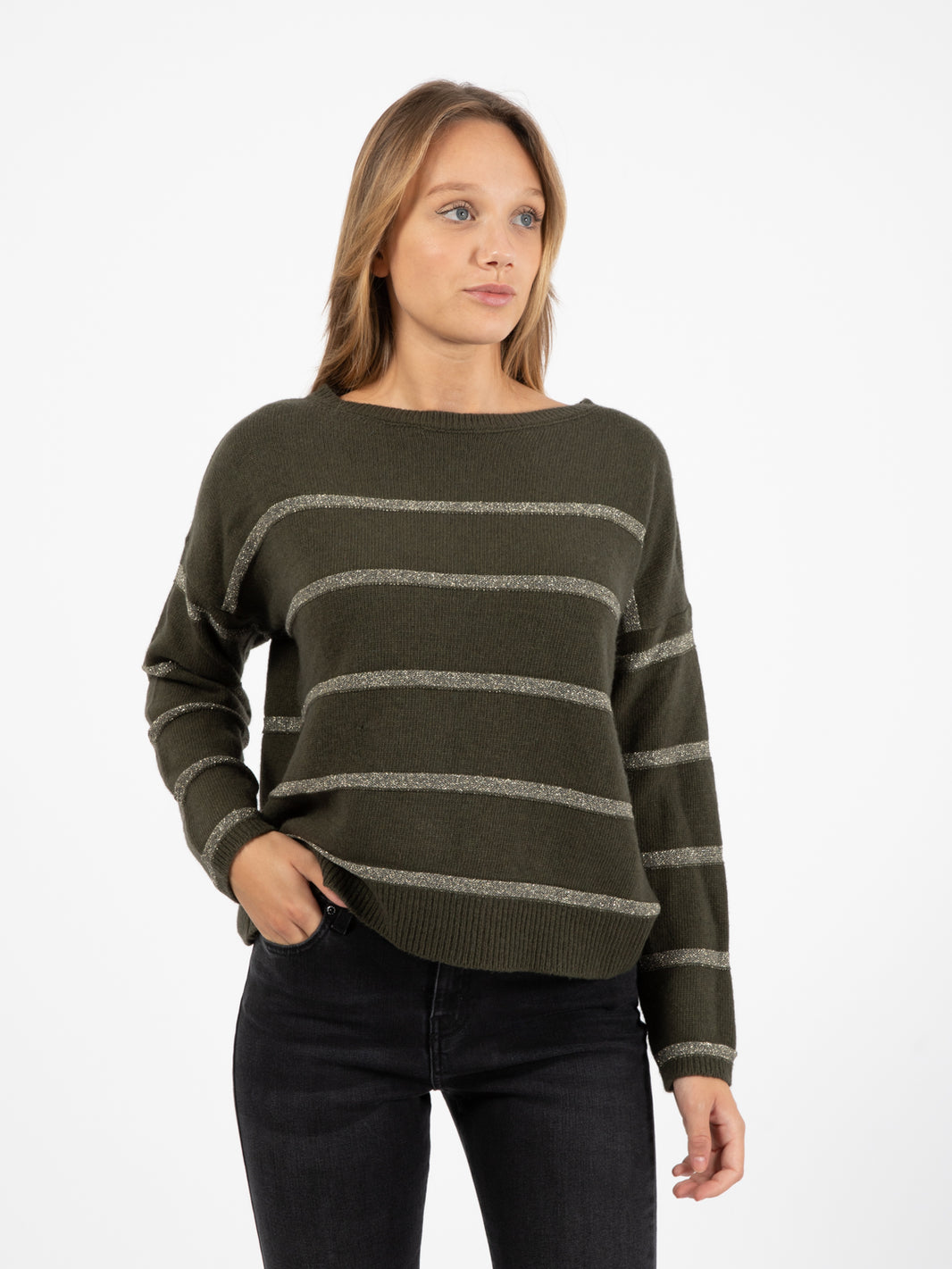 Maglione con righe lurex verde militare