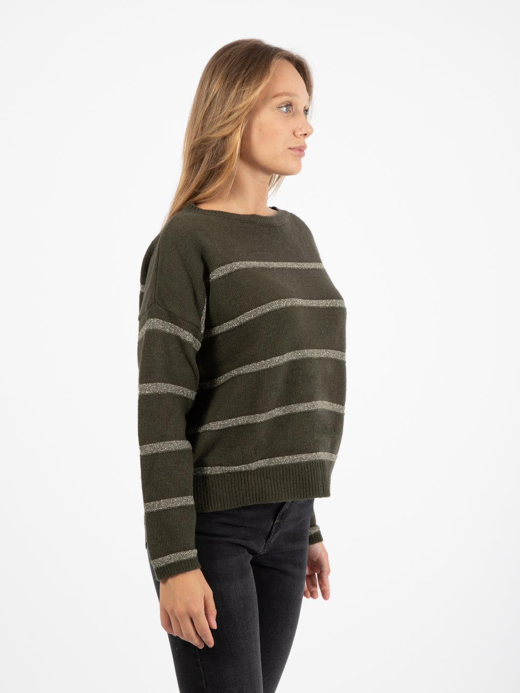 Maglione con righe lurex verde militare