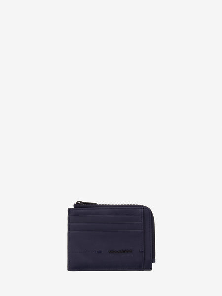 Porta carte con zip in pelle blu