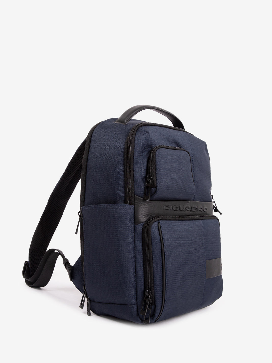 14" laptop backpack in blue fabric and leather 