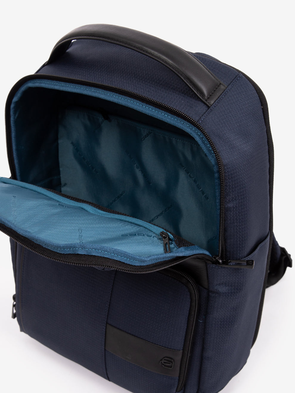 14" laptop backpack in blue fabric and leather 
