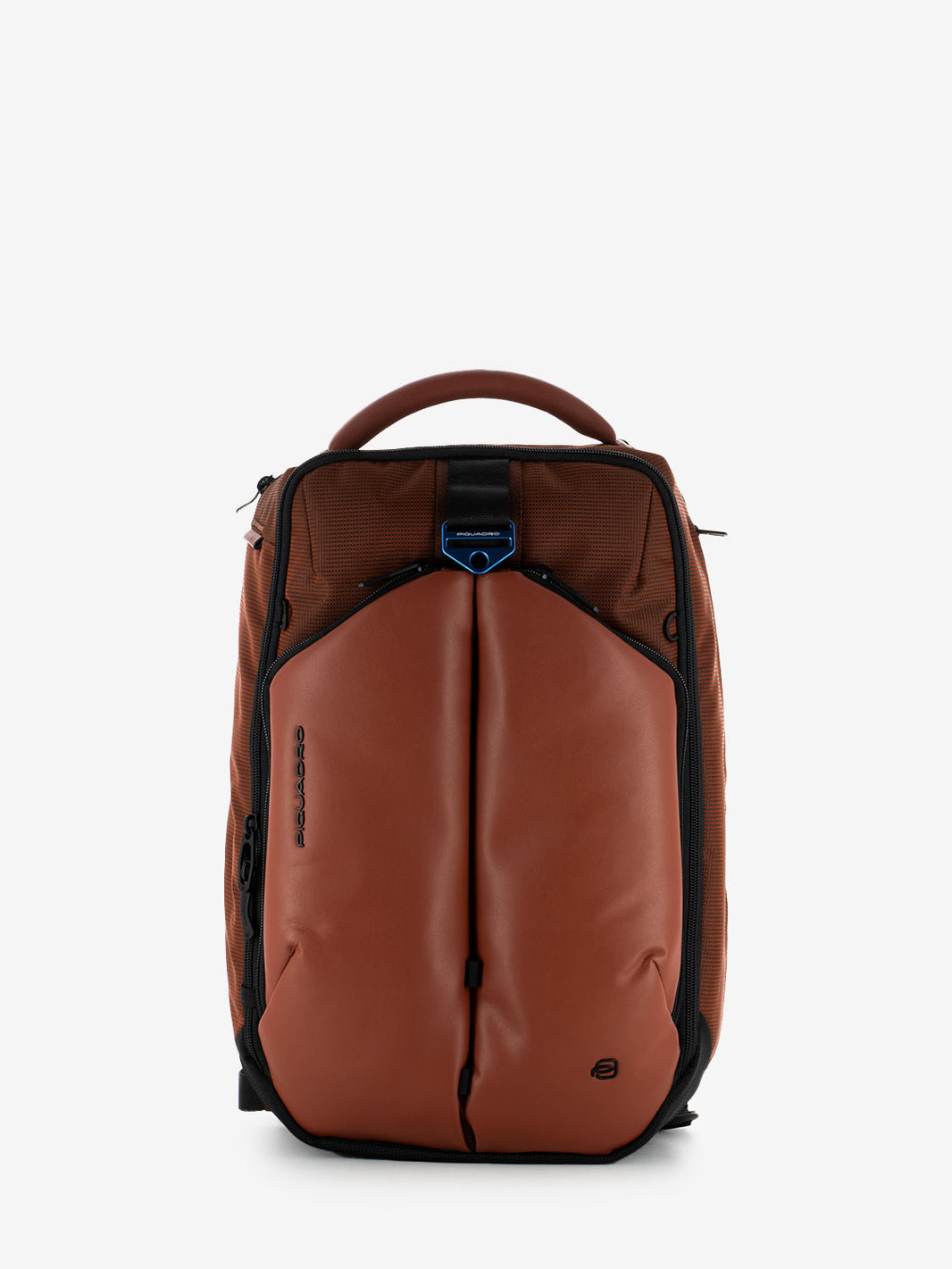 Orange vegan leather and fabric laptop backpack 