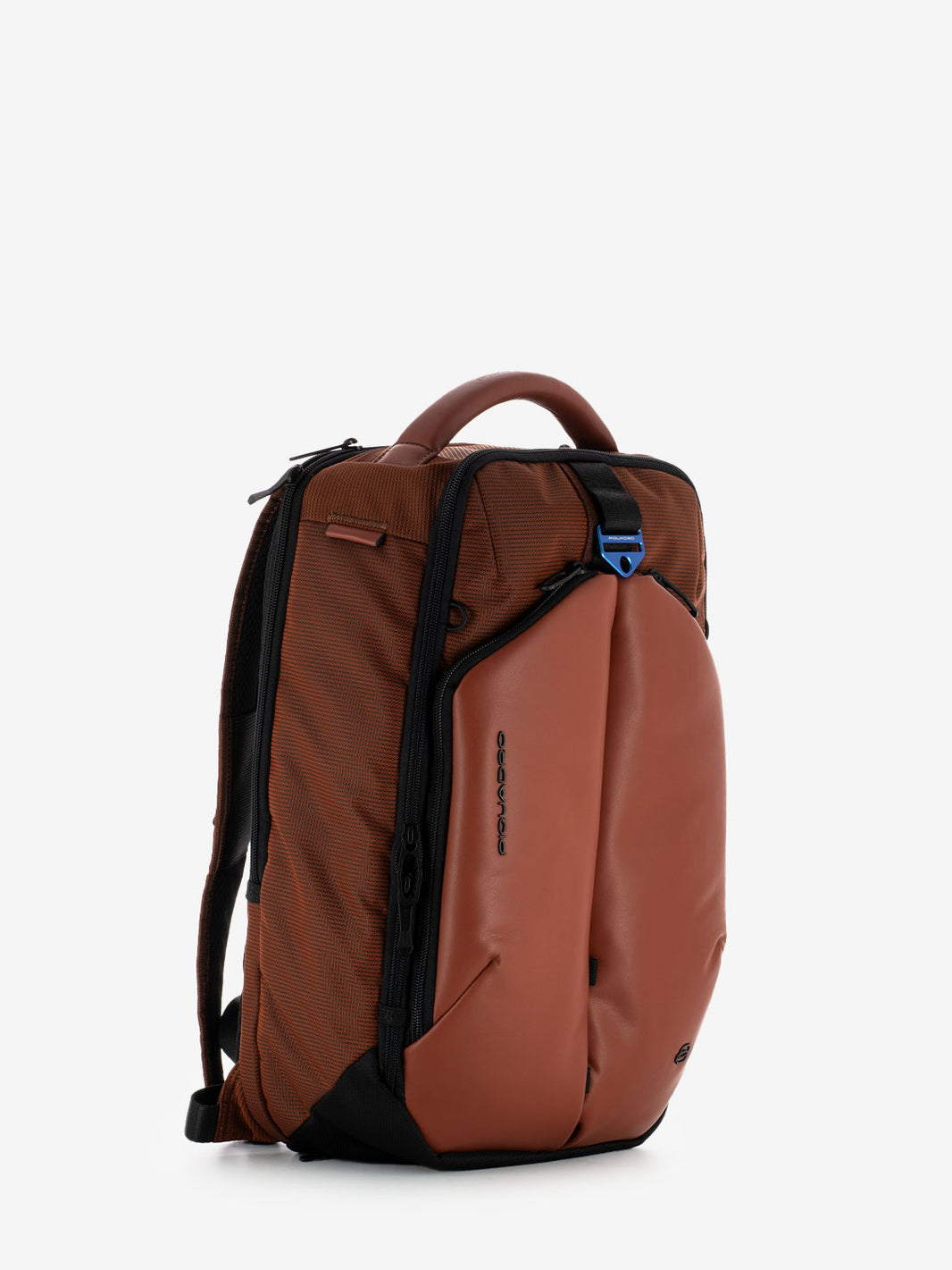 Orange vegan leather and fabric laptop backpack 