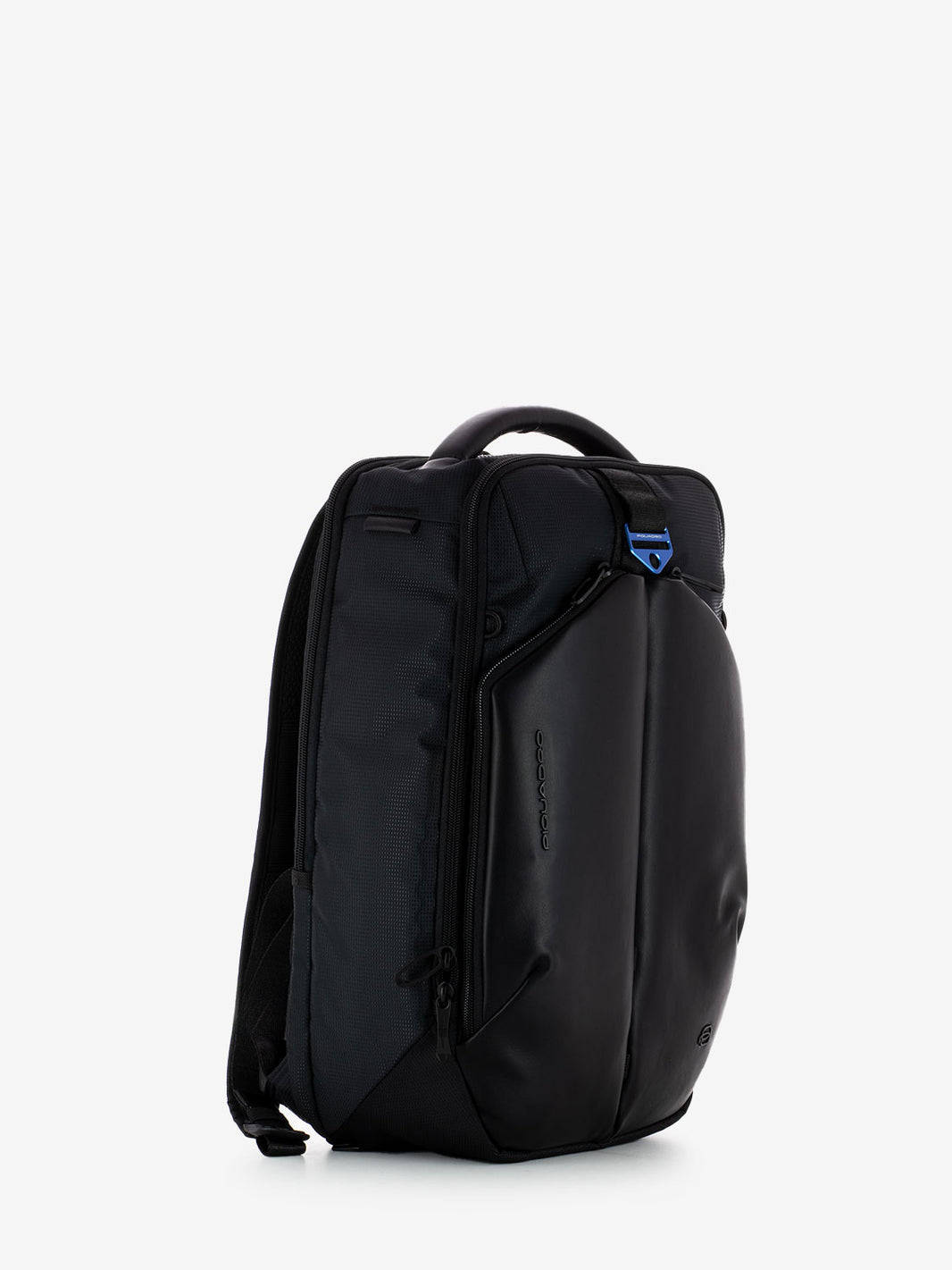 Black fabric and vegan leather laptop backpack 