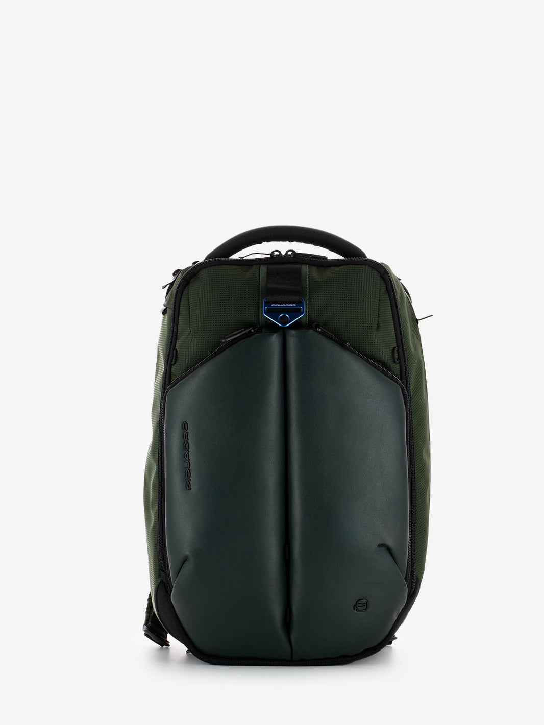Green vegan leather and fabric laptop backpack 