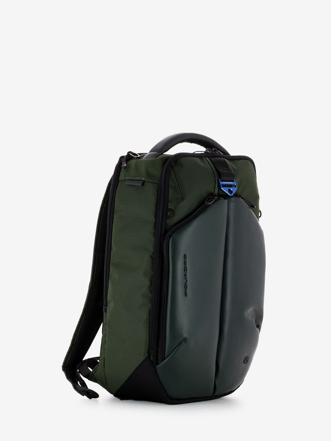 Green vegan leather and fabric laptop backpack 