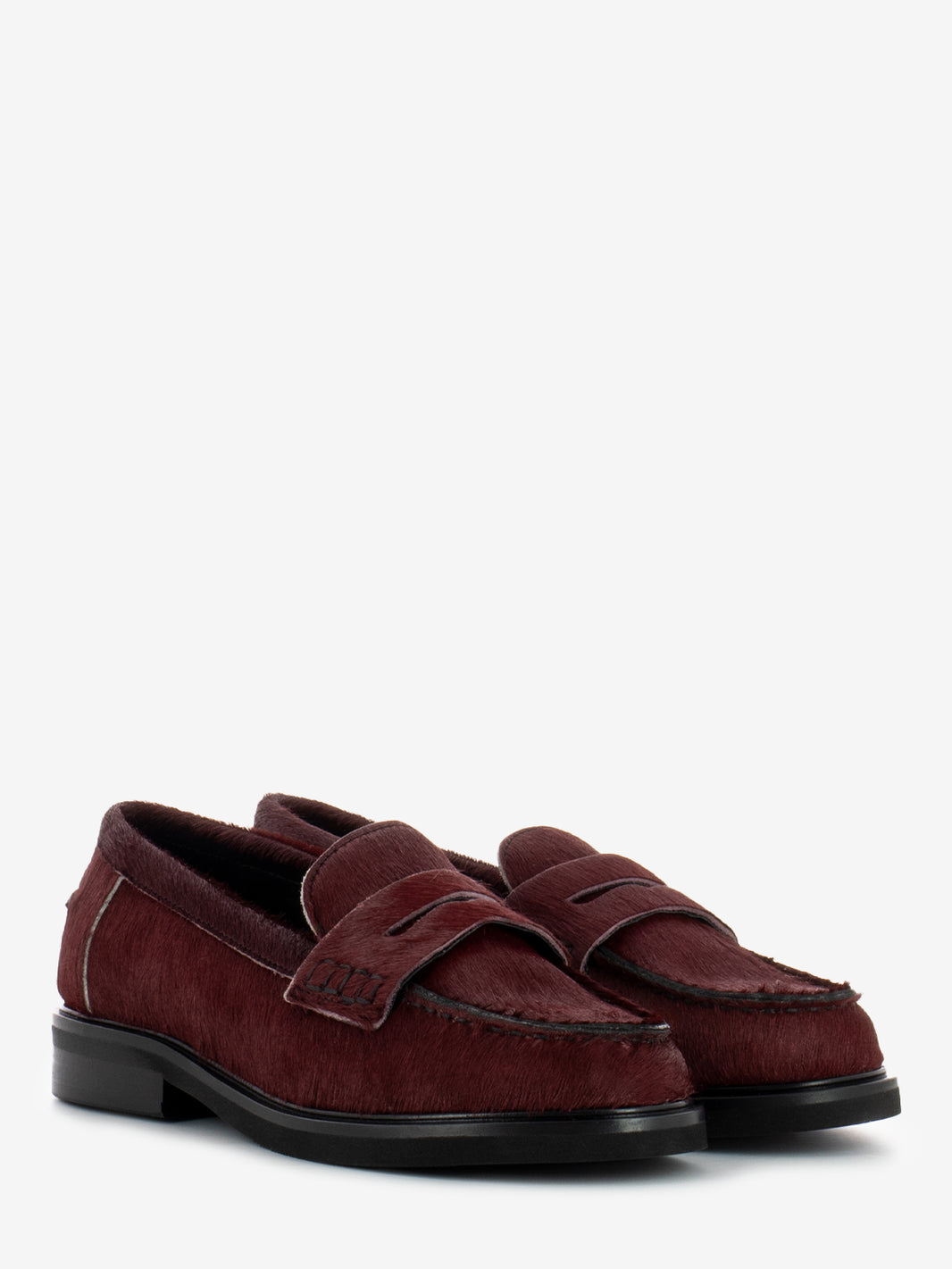 Burgundy pony penny loafers
