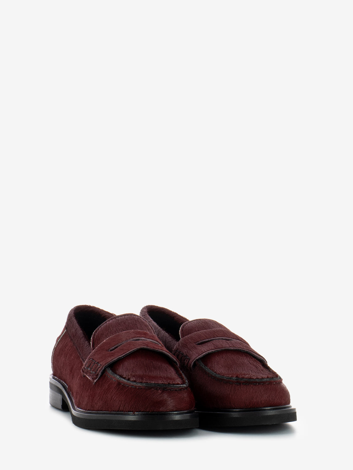 Burgundy pony penny loafers