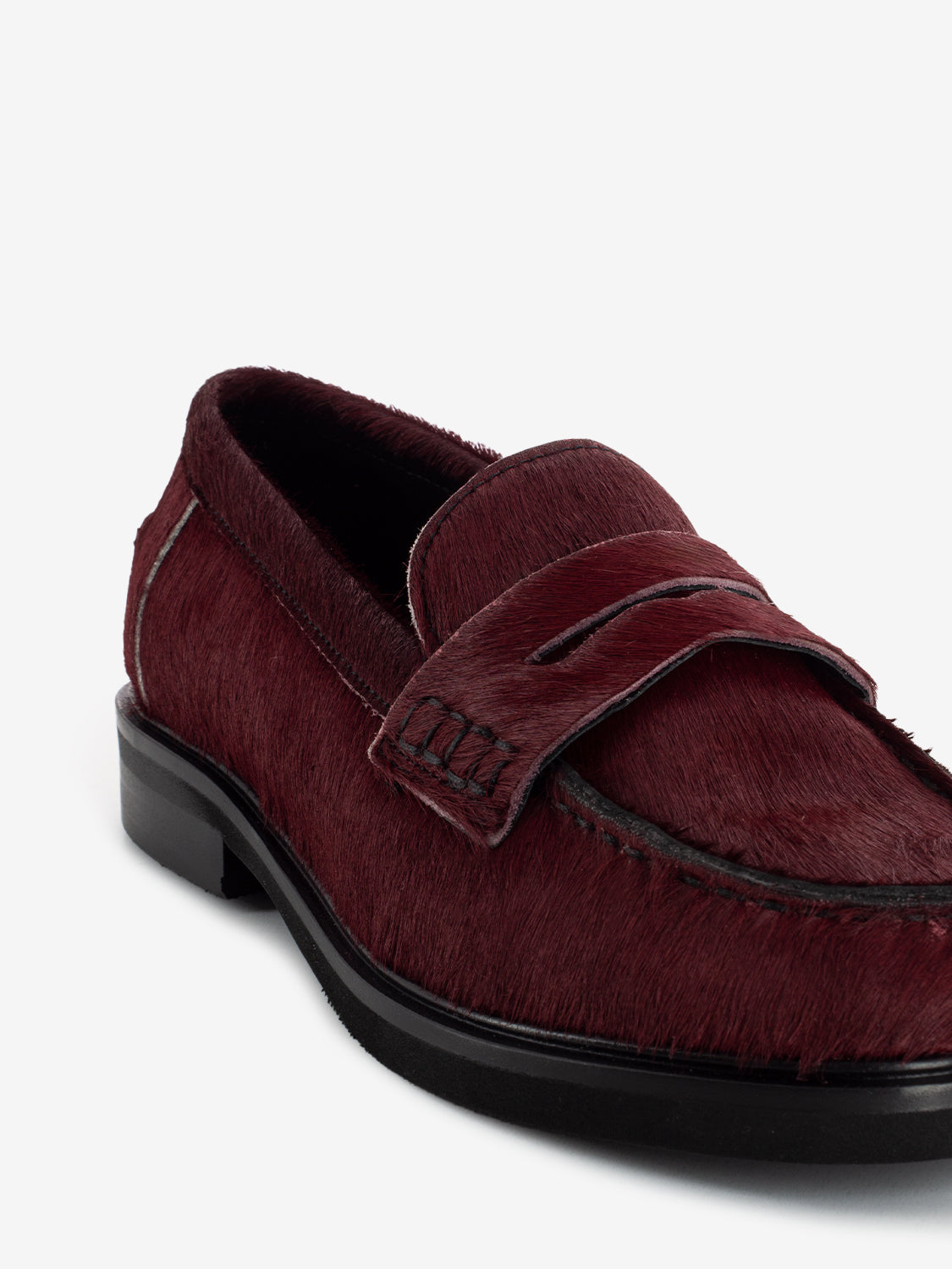 Burgundy pony penny loafers