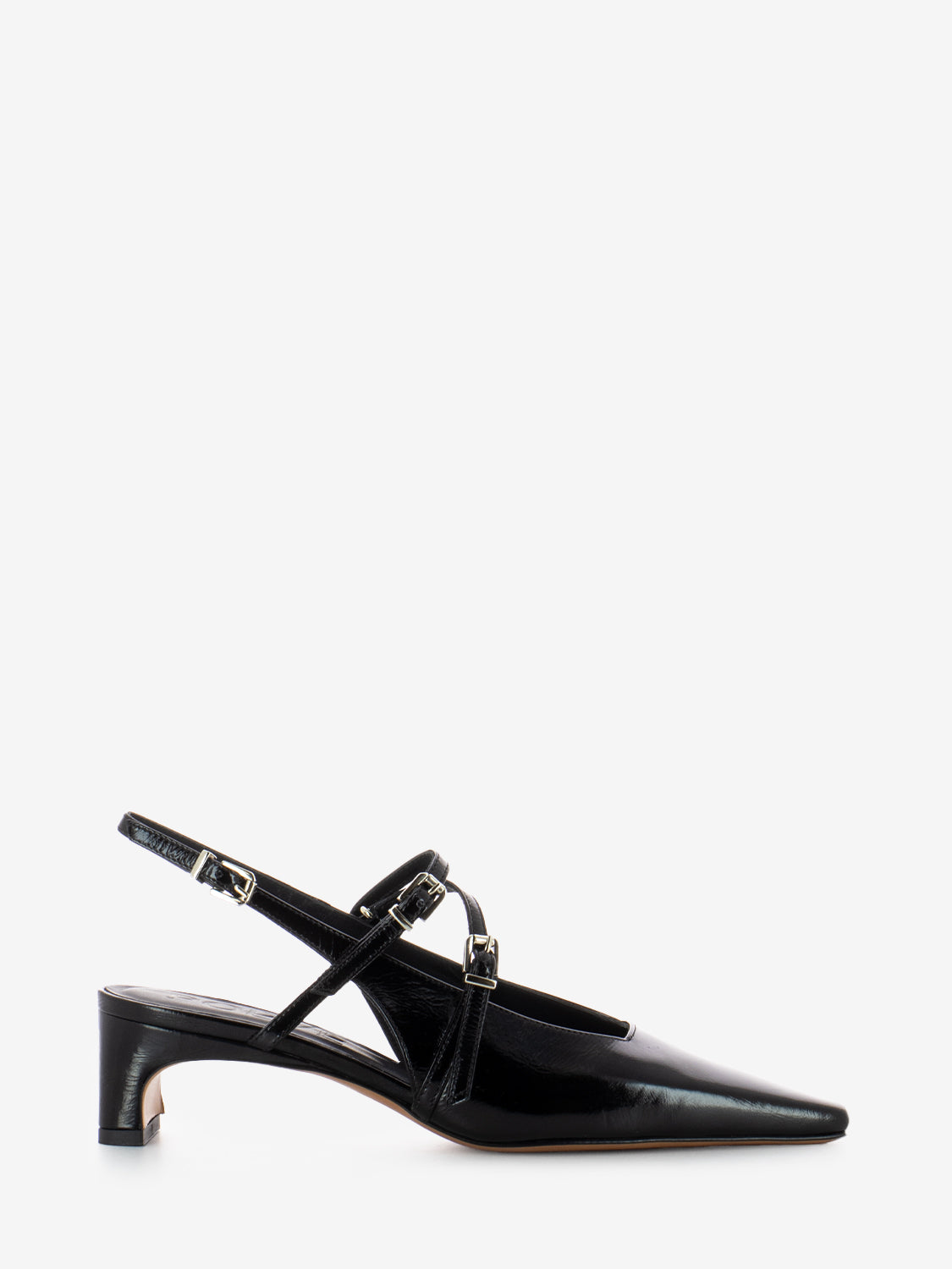 Slingback with black patent straps