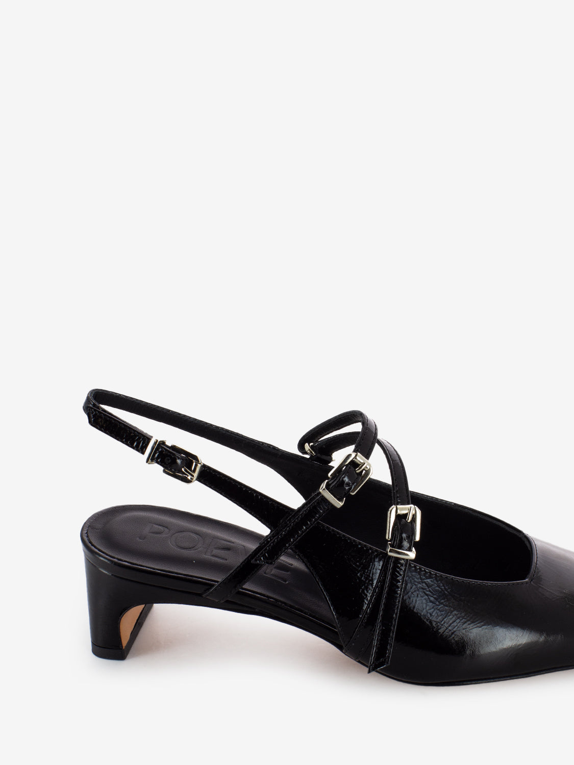 Slingback with black patent straps