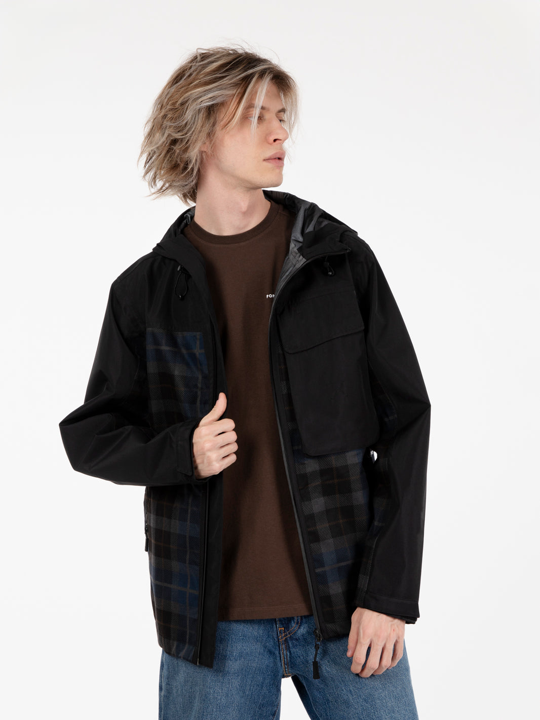 Big pocket hooded jacket black / navy check