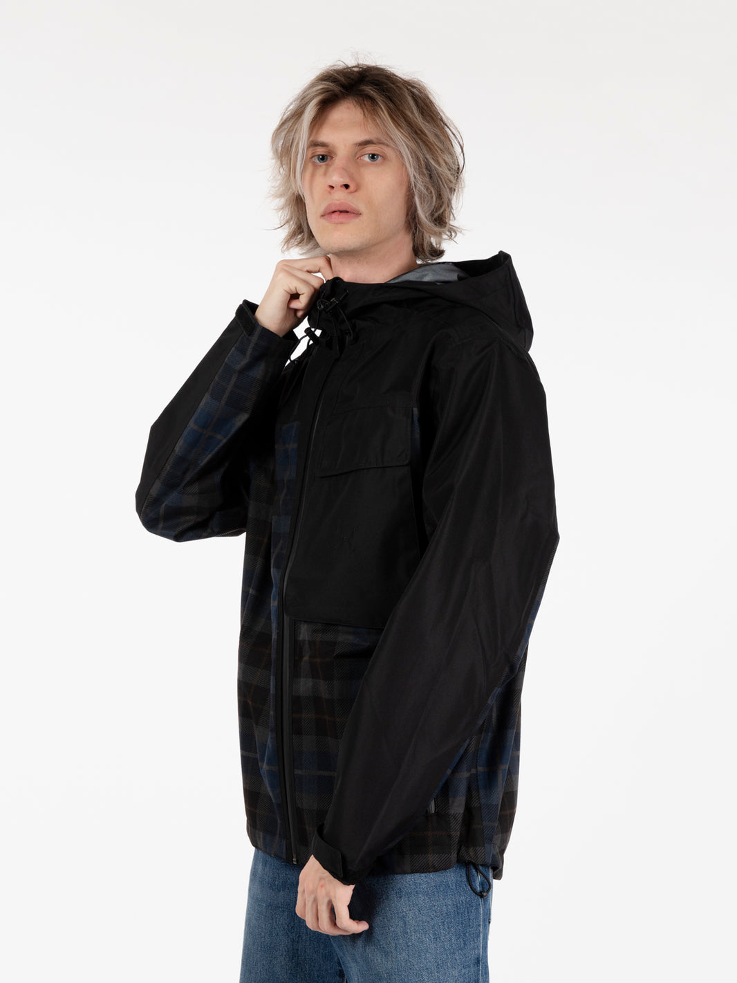 Big pocket hooded jacket black / navy check
