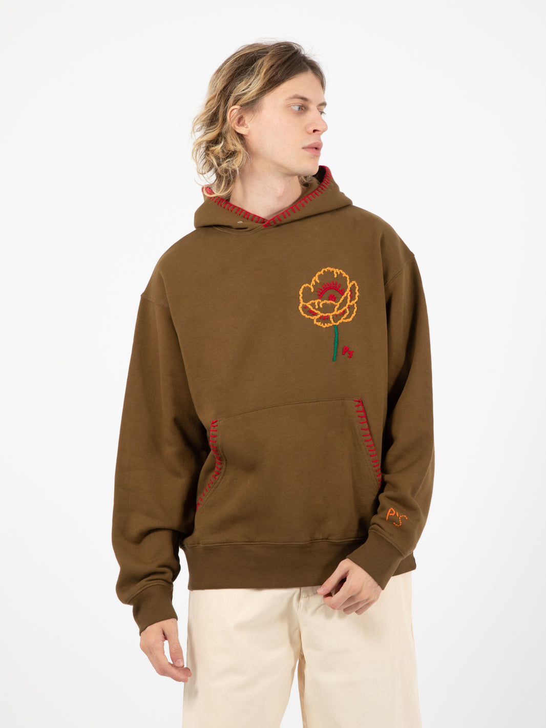 Khaki flower embroidery hoodie