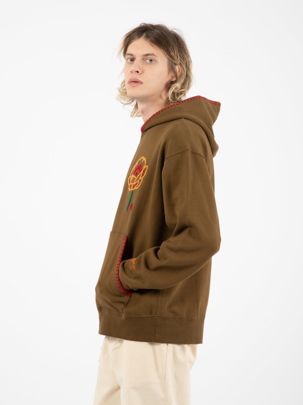 Khaki flower embroidery hoodie